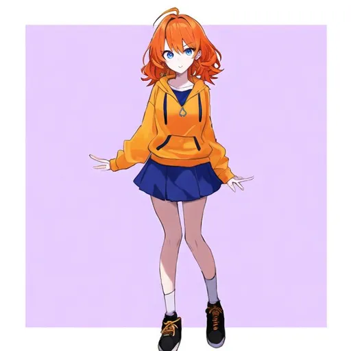 Prompt: Portrait of a cute girl with short, orange hair and blue eyes wearing a yellow hoodie and black skirt 