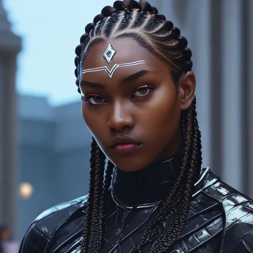 Prompt: dark skin woman with braids in Balenciaga outfit. Symmetrical face and eyes, dreamy eyes. Smirk. 1080p. hyper realistic.