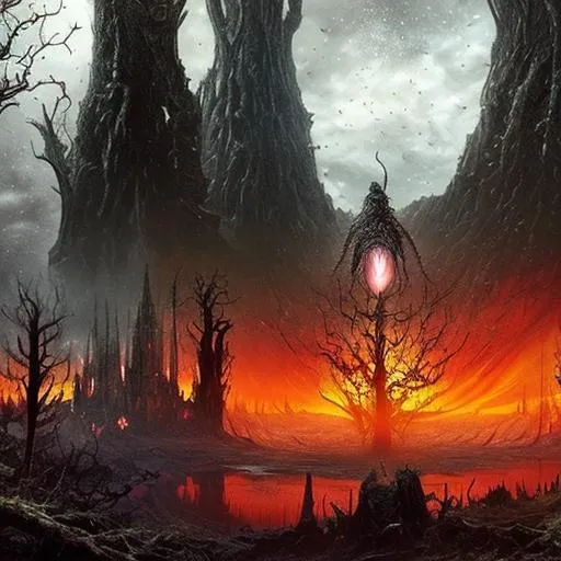 Prompt: The world of Elden Ring with the World Tree with a glowing yellow/red hue in the background and a decaying castle in the foreground and all of this overseeing the world of Elden Ring zoomed out over a large landscape with a gothic art style
