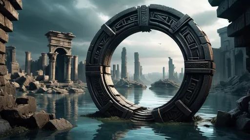 Prompt: magical portal between cities realms worlds kingdoms, circular portal, ring standing on edge, upright ring, freestanding ring, hieroglyphs on ring, broken ring, ruins, crumbling pillars, broken archways, ancient roman architecture, submerged underwater setting, panoramic view, futuristic cyberpunk tech-noir setting