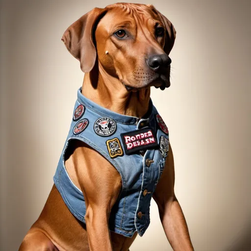 Prompt: Rhodesian Ridgeback wearing a heavy metal music denim vest with patches