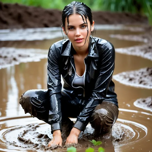 Prompt: photo of young woman, soaking wet clothes, , muddy tight black leather pants, ,  , mud bogging with ate,   enjoying, water dripping from clothes, clothes stuck to body,  detailed textures of the wet fabric, wet face, wet plastered hair,  wet, drenched, professional, high-quality details, full body view.