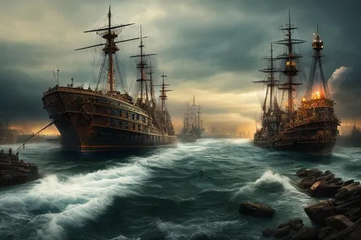 Prompt: Hyper-realistic landscape image of a warrior standing at the bow of a steampunk warship looking to towards the horizon.  The horizon shows a faint details of a decrepit steampunk city in the sky.  The art-style blends Lovecraftian and Greek mythology elements in a steampunk setting. Subtle green undertones | chaos | suffering | malevolence | grim | melancholic hue | UHD, 4K, 8K, 64K, extremely detailed with intricate imagery.