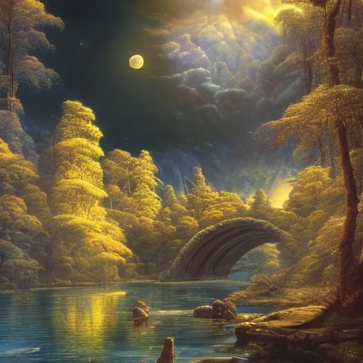 Prompt: a detailed matte painting of a beautiful river lit by the moon, by david A Hardy, national geographic photo, terragen style