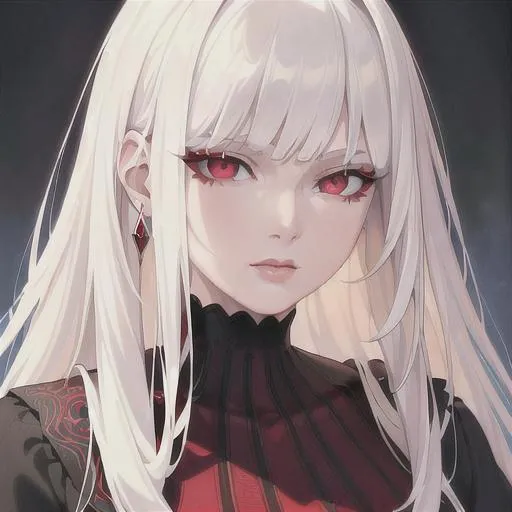 Prompt: (masterpiece, illustration, best quality:1.2), medium pure white hair, red eyes, wearing black nightgown, best quality face, best quality, best quality skin, best quality eyes, best quality lips, ultra-detailed eyes, ultra-detailed hair, ultra-detailed, illustration, colorful, soft glow, 1 girl