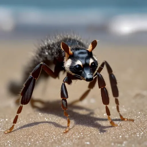 Prompt: Raccoon ant the beach with sonsreen on its noses 