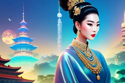 Prompt: head-on, surreal cartoon, high fashionista pose, glossy, walking toward viewer, stunning Chinese queen with hair pulled back into a bun, she is dressed like a summer queen, dramatic jewelry, statement necklace, background is architecture lit by the moon,  trending on artstation