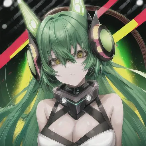 Prompt: hot anime girl green hair wearing rave mask cyber UHD 8K HDR HD