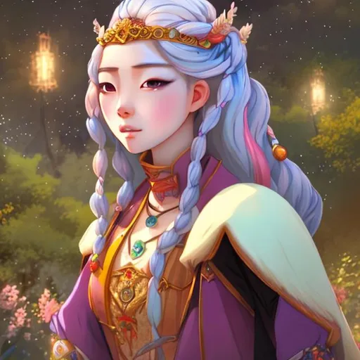 Prompt: A female Korean animated with white hair which has rainbow highlights. She is in a white renaissance princess dress and has on silver jewellery. 