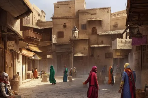 Prompt: An impression of the streets of Kivi, a arabic inspired dessert town inhabited by humans and elves, vibrant colours, perfect composition, hyperrealistic, super detailed, 8k, high quality, trending art, trending on artstation, sharp focus, studio photo, intricate details, highly detailed, by greg rutkowski