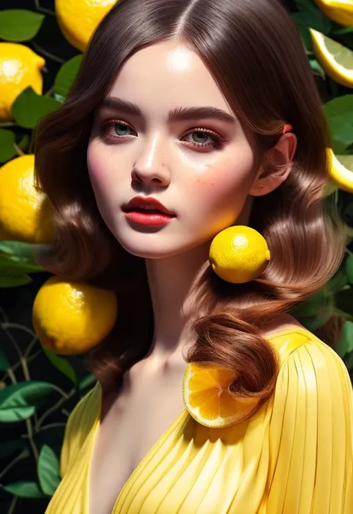 Prompt: ((best quality)), ((masterpiece)), ((realistic)), (detailed) octane render, trending on artstation,illustration photographic, digital painting, 1girl,masterpiece face,lemon inspired dress,full body,lemon juice glass background