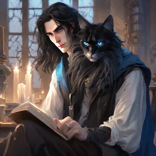 Prompt: beautiful young man, wizard, uneven long black hair, bookish, pale skin, sharp features, mismatched black and bright blue eyes, sitting with black main coon cat, concept art, epic lighting, finely-tuned, octane rendering