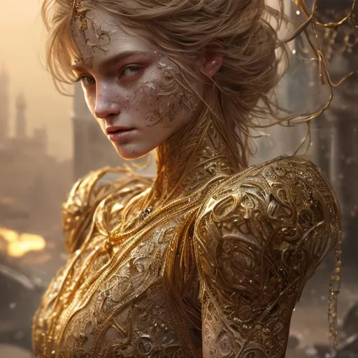 Prompt: create a photograph of beautiful fictional female , beautiful dress gold,extremely detailed environment, detailed background, intricate, detailed skin, natural colors , professionally color graded, photorealism, 8k, moody lighting