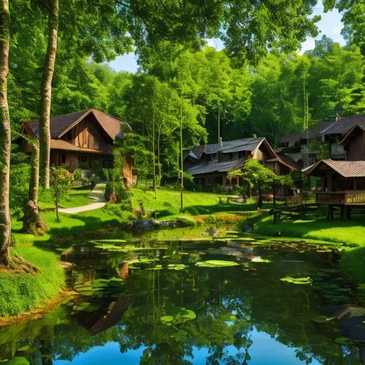 Prompt: Big dark wood village with pond and trail in a lush green forest with beautiful trees, nice daylight, nice weather light blue sky high resolution 4k