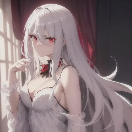 Prompt: (masterpiece, illustration, best quality:1.2), 1girl, {short pure white hair with black highlights}, hair between eyes, {red eyes}, {white nightgown}, ambient lighting, soft glow, dark forest, full body, beautiful detailed eyes, beautiful detailed shading, mean face, angry face, beautiful detailed face