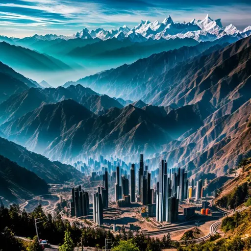 Prompt: Cyberpunk city in himalayas, Cinematic Color Grade, Photorealistic, Modern art, Tranformers, Hollywood Style