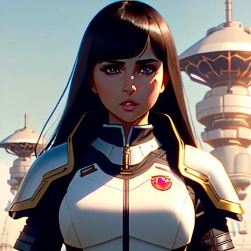 Prompt: Illustration by Ilya Kuvshinov, tree city, Naomi Scott,  parted bangs, long dark brown hair, brown eyes, ethereal, jewelry set balayage in white mech armor verses  End boss in black armor, atmospheric, hyper realistic, 8k, epic composition, cinematic, octane render, 16K resolution, rendered in Enscape, Miyazaki, Nausicaa Ghibli, Breath of The Wild, 4k detailed post processing, artstation, focus, no blur