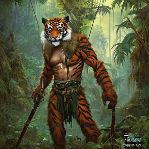 Prompt: Portrait painting, tall tiger-like humanoid warrior with spear and fur armor, in the jungle, dull colors, danger, fantasy art, by Hiro Isono, by Luigi Spano, by John Stephens