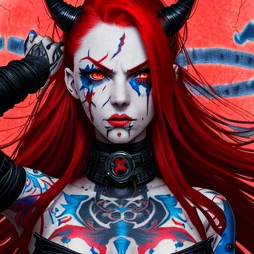 Prompt: Jinx, red hair, angry, red eyes, blue tattoos, supervillain, psycho