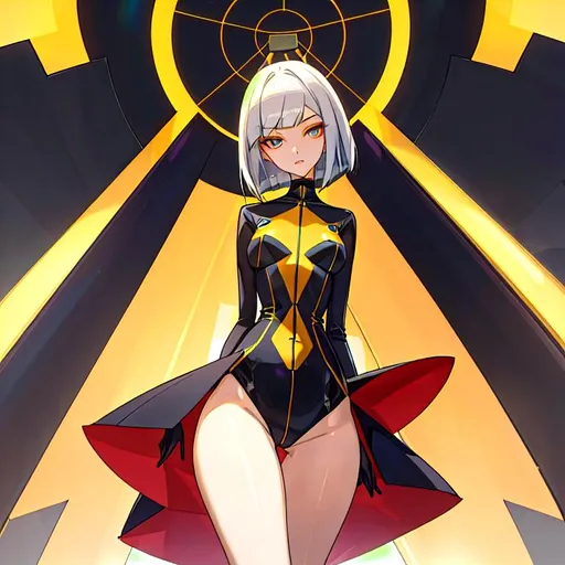 Prompt: a lonely AI girl, very tall, thick thighs, wide hips, long legs, slender arms, slender waist, big beautiful symmetrical eyes, intriguingly beautiful face, aloof expression, bob haircut with bangs, wearing Biblically-Accurate fashion clothes, high fashion, 12K resolution, hyper quality, hyper-detailed, hyper-realistic, hyper-professional