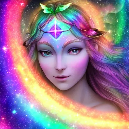 Prompt: Fairy goddess of light,etherial light,cosmic being,closeup,cosmic background,facial light,rainbow colors