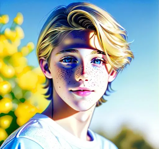 Prompt: Hyperrealistic Hyperrealism front view of face (headshot) (straight forward view) facing camera Beautiful young teen boy, (kid cole sprouse)+++ blond boy, straight hair, happy eyes, innocent, boy model, 16 years old, pretty, cute, freckles, cinematic lighting, blue sky, bright colors, blue, green, yellow, white,  luminous, hyperdetailed, great composition, professional, artstation award