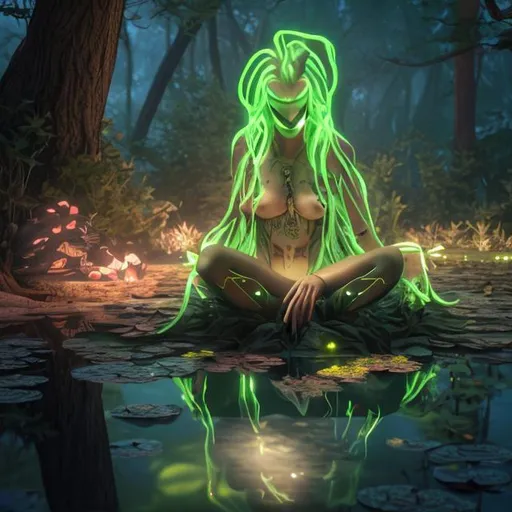 Prompt: A wyvrn that glows sitting in the middle of a pond in the woods
