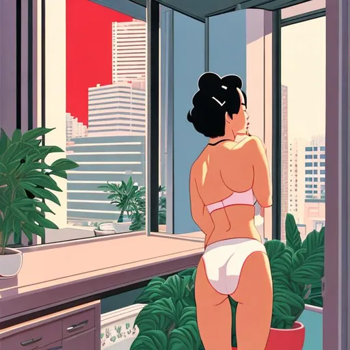 Prompt: back of  lady in underwear 
smoking in apartment surrounded by plants in style of Hiroshi Nagai painting