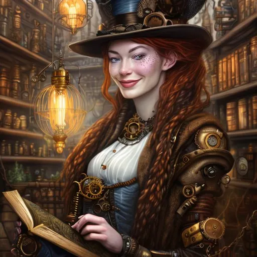 Prompt: 
modest smiling steampunk auburn woman with a  hat,   portrait 
reading a book in a library. illustration sharp focused