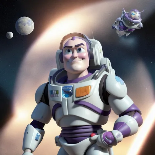 Prompt: image of buzz lightyear in the space station, aliens and moon, beams of neon rays, ai render, smoke, stylized as clay