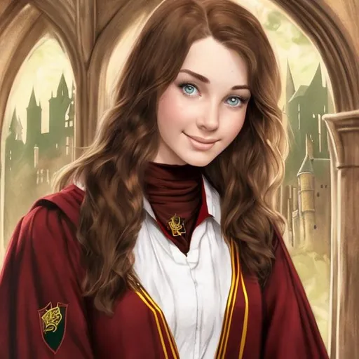 Prompt: brown-haired, green-eyed beautiful woman as a Gryffindor student at Hogwarts