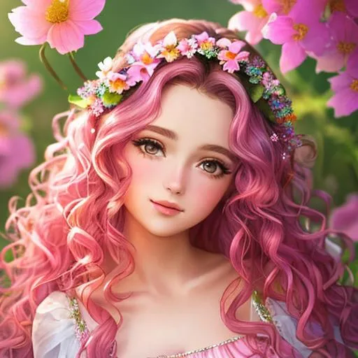 Prompt: a youngfairy goddess of spring, very curly hair, pink glow on cheeks,wildflowers, vivid colors, closeup