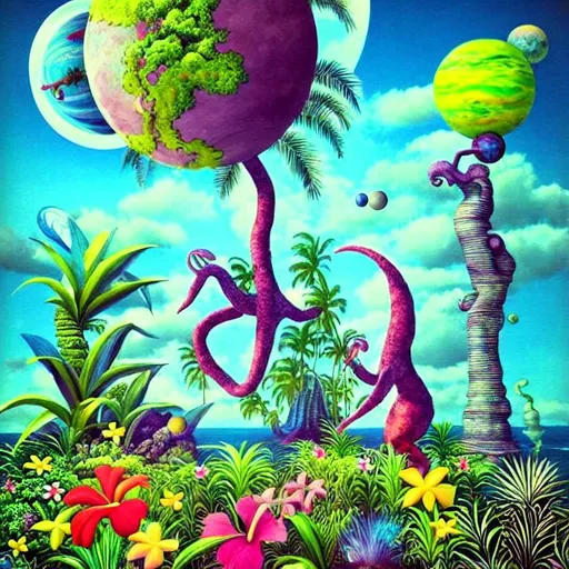 strange planet, whimsical creatures, tropical flower... | OpenArt