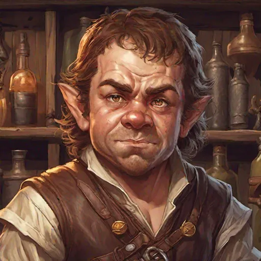 dnd a male halfling wearing a messy brown shirt and... | OpenArt