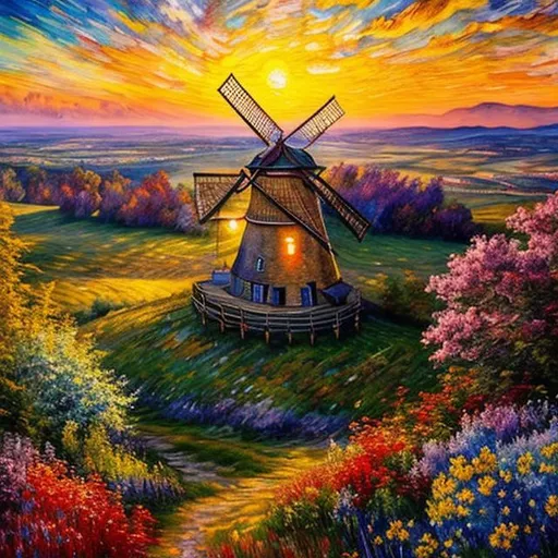 Prompt: Insanely detailed soft watercolour painting of a giant vintage windmill, twirling windmill, medow, summer sunset, warm lighting, Mix media Oil painting by Josephine wall,magical, fantasy, ultra-detailed, by van Gogh