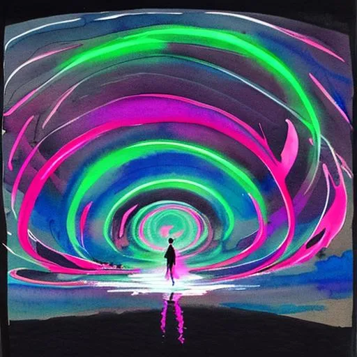 Prompt: A water color marker image with swirling neon shape with a lone dark figure walking towards the camera