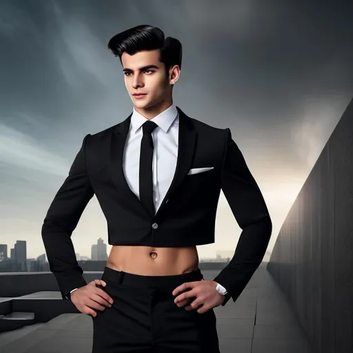 Prompt: crop top, black long sleeve business suit with a black necktie, bare midriff, bare navel, attractive, 20-years old, determined, long hair, male, man, rock hard abs, smiling, hands on hips, (outside behind building), ((high quality)), 4k, hdr, ((highly detailed)), ((vibrant)),