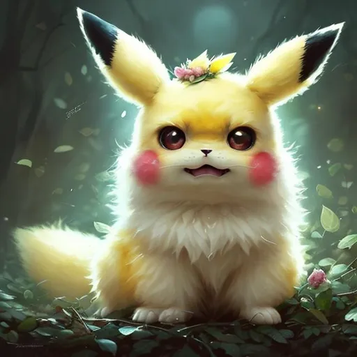 Prompt: Cute fluffy baby pikachu, flowers, forest colours, sparkling eyes, moonlight eyes, shining eyes, beautiful fur,  sharp features, highly detailed, digital painting, artstation, concept art, smooth, sharp focus, expressive eyes, illustration, art by Artgerm and greg rutkowski and alphonse mucha
