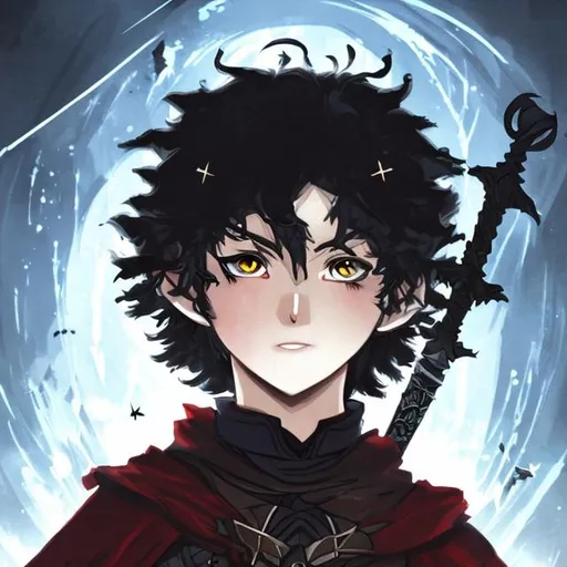 Prompt: Anime character, cool, magical eyes, boy, medieval, wearing a cloak, with red glowing eyes and black curly hair with  and sword and a scar over the eye in the background is a castle where the boy is fighting a dragon
