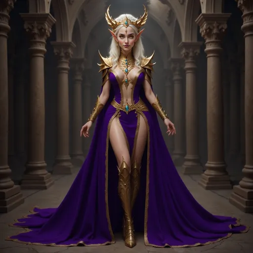 Prompt:  @VITLFRBSebJkkO8huw5E adorned in purple lavish, intricate royal attire, exuding an air of power and elegance, adorned with ornate jewelry and accessories, set against a dramatic, shadowy background, evoking a sense of mystique and allure, high detail, vibrant colors, fantasy realm ambiance.