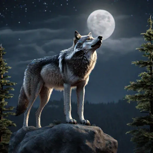 Prompt: (masterpiece, best quality, CGI, official art:1.2), a towering gray wolf standing on a cliff, looking at the horizon, full moon lights up the sky, stars twinkle, forest in the distance, moonlight illuminating the wolf, night sky, distant woods, medium close-up, front view, moonlight illuminating the wolf, night sky, distant woods, medium close-up, front view