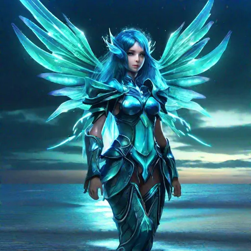 Prompt: Fairy, aqua fairy wings, iridescent scifi-like aqua-blue armor, a crest of dark aqua hair, standing on a beach at night during a storm, masterpiece, best quality