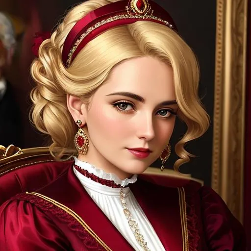 Prompt: Wealthy, stylish lady of the Victorian era, blonde hair, wearing ruby and gold jewelry, wearing ,facial closeup