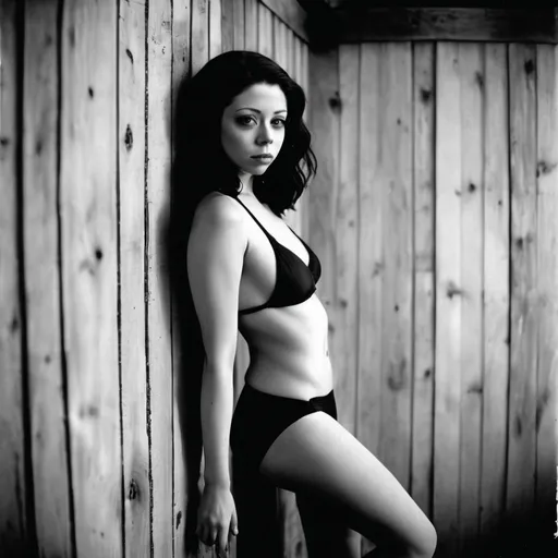 Prompt: full body, analog black and white film photograph of Michelle Trachtenberg, dim dark moody lighting rule of thirds, short black slightly messy hair, form fitting two piece swimsuit, staring into the viewers eyes, head turned slightly to the side, standing in front of a worn shiplap wall, ISO 200 faded film, 35mm photo, grainy, vignette, vintage, Kodachrome, Lomography, stained, highly detailed, found footage