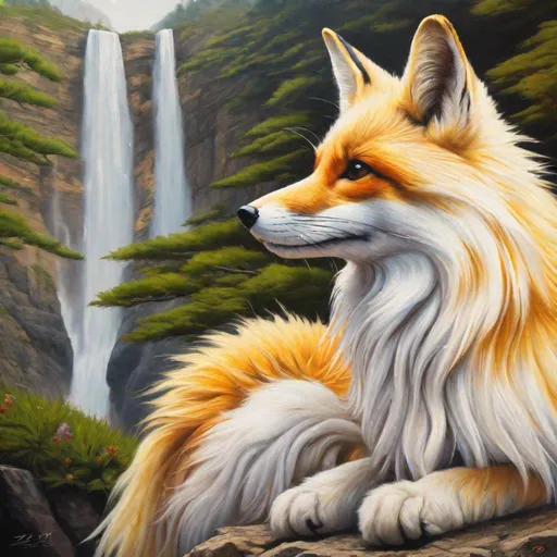 Prompt: hyperrealistic, best quality, professional oil painting, anime, masterpiece, nine-tailed female fox sitting on a cliffside, golden fur, head cautiously bent forward, thick silky white-gold mane, nine tails, kitsune, gorgeous cliffside waterfall, rainbow, shy, timid, cautious, plump, perfect composition, highly detailed, (sharp expressive detailed eyes:3), UHD, HDR, unreal engine, high octane render, 8k, intricate detail, 8k eyes, yuino Chiri, golden ratio, high octane, cinematic, intricately detailed mouth, highly detailed paws, breathtaking scenery, majestic sunrise