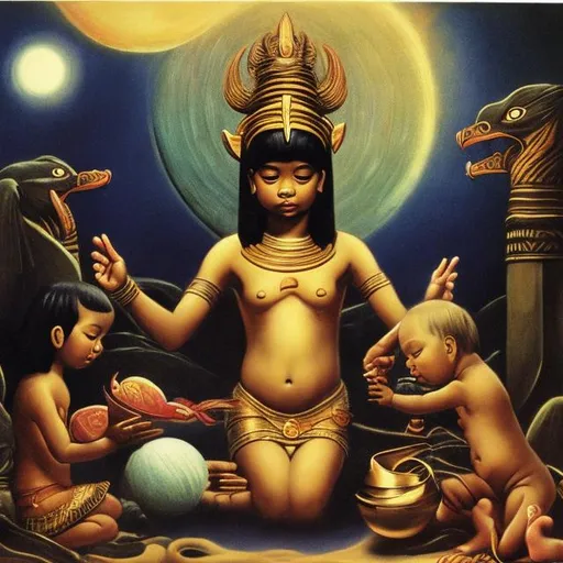 Prompt: Baby Cleopatra being born 
Full moon
Indonesian influence
Surreal