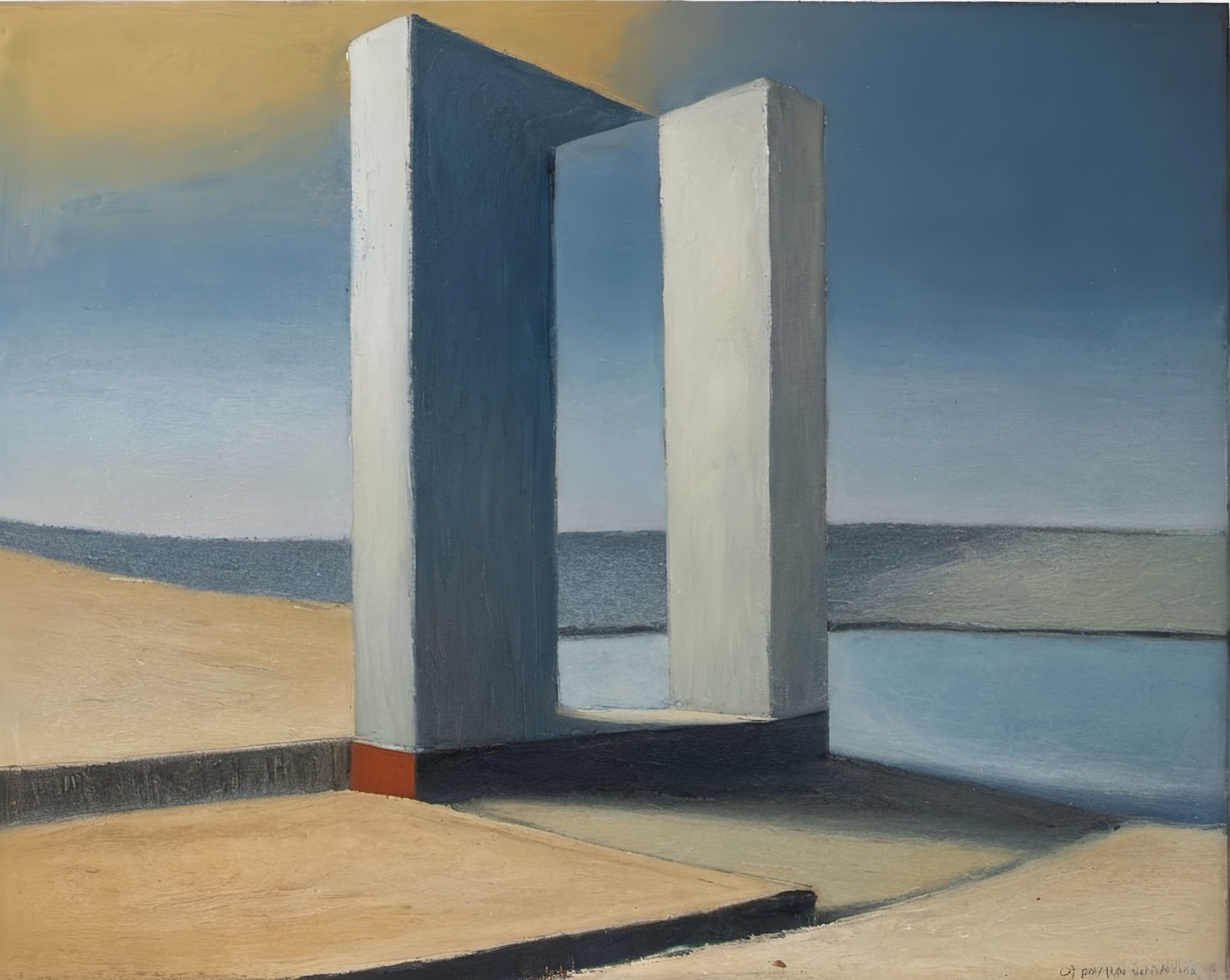 Prompt: a painting of two white pillars in a blue sky with a beach in the background 