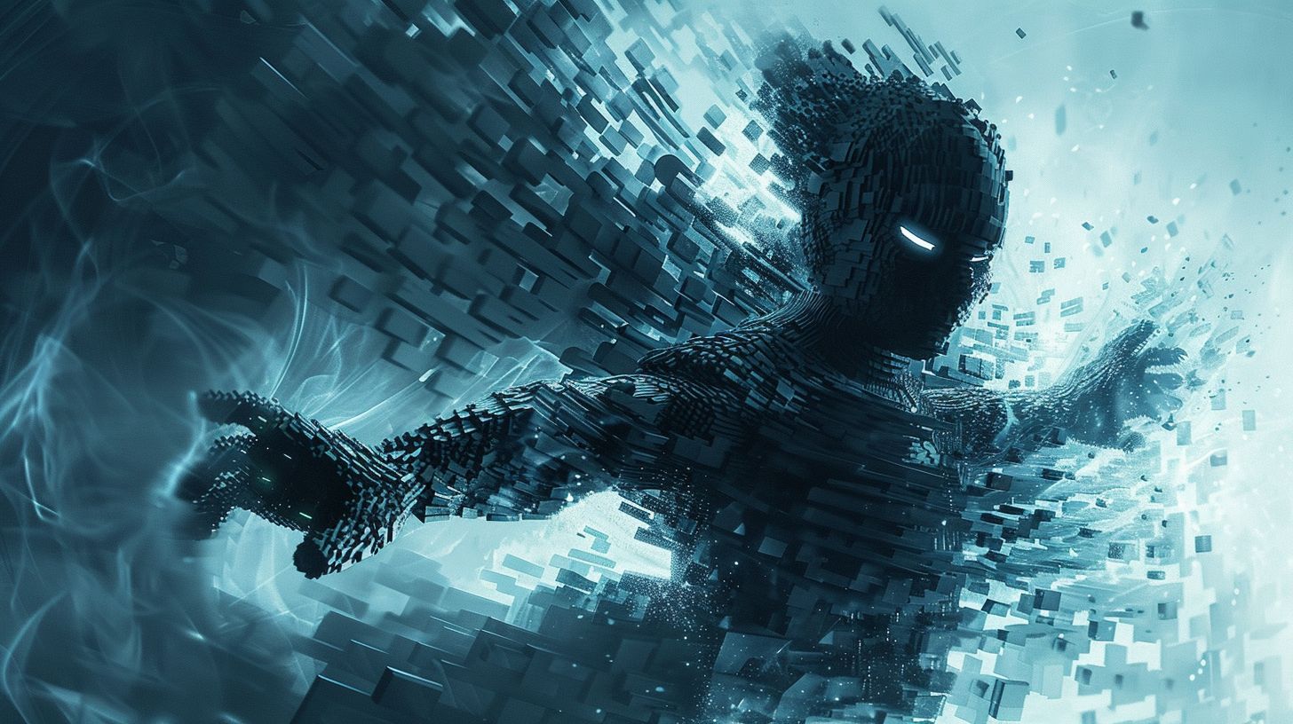 Prompt: A surreal 3D image where blocks shift and morph, revealing a shadowy ninja figure with intricate block patterns etched into its body. The ninja's eyes glow with an ethereal light, and its limbs are twisted and contorted into unusual shapes. The background is a swirling vortex of interlocking blocks, creating a sense of depth and dimensionality.