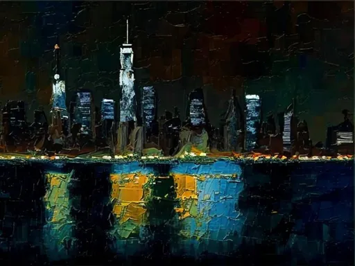 Prompt: Thick oil impasto York Skyline from 42nd Street Pier, thick oil impasto