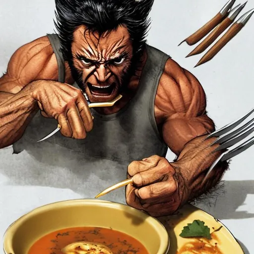 Prompt: Wolverine eating pumpskin soup